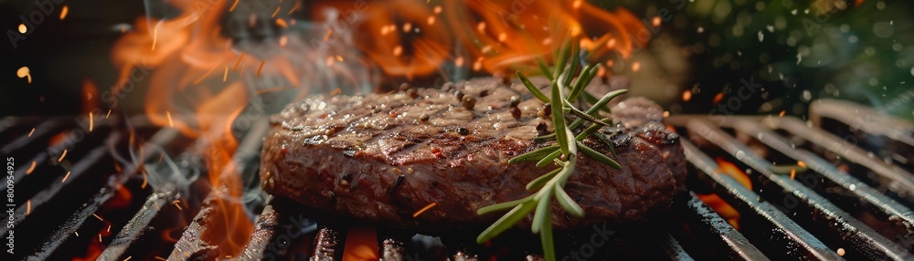 Sizzling steak on grill rosemary and spices Sizzling steak on grill rosemary and spices