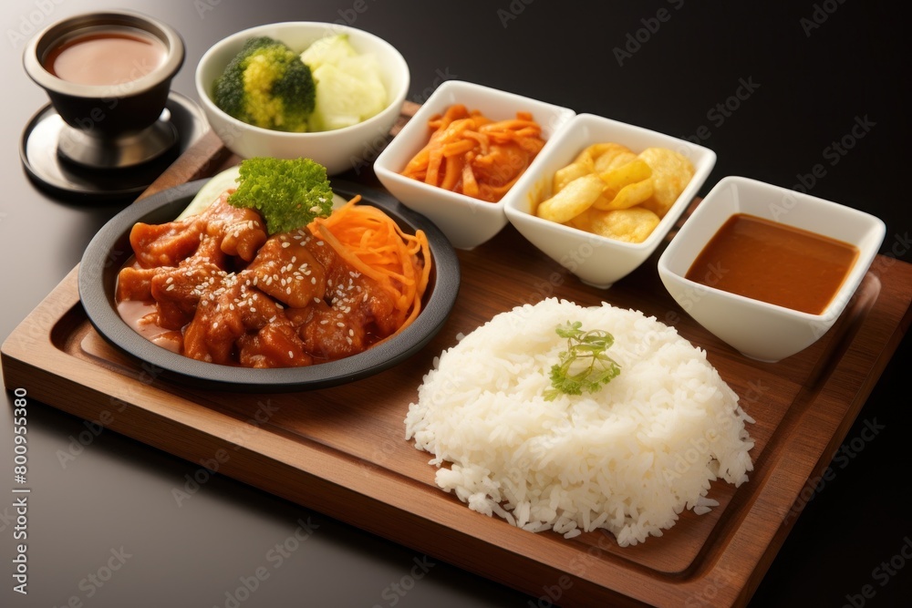 Delicious Asian-inspired meal with rice, vegetables, and meat Delicious Asian-inspired meal with rice, vegetables, and meat