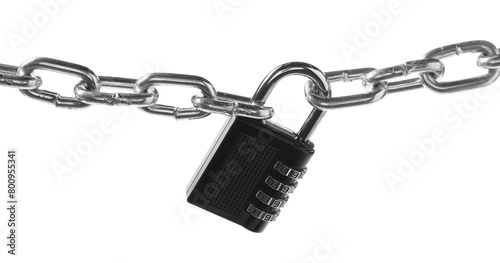 Steel combination padlock and chain isolated on white