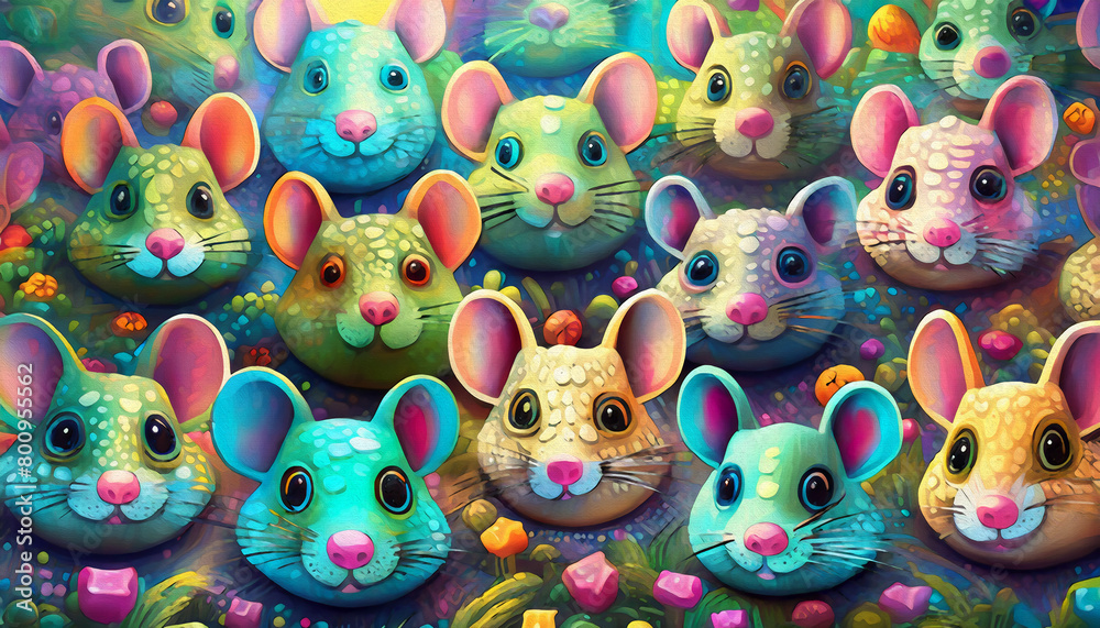 oil painting style cartoon character pattern of multicolored mouse heads, cartoon, illustration