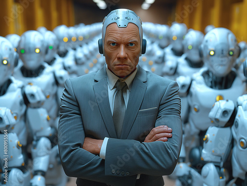 A semi-robot wearing a suit stands with his arms crossed, the concept of a human controlling the work of a robot