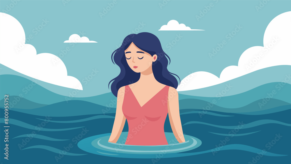 A woman with closed eyes stands waistdeep in the ocean feeling the cool water wash away her worries and bring a sense of calm to her mind.. A woman with closed eyes stands waistdeep in the ocean feeling the cool water wash away her worries and bring a sense of calm to her mind..