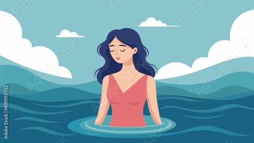 A woman with closed eyes stands waistdeep in the ocean feeling the cool water wash away her worries and bring a sense of calm to her mind.. photo