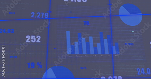 Image of financial data processing over grid on grey background