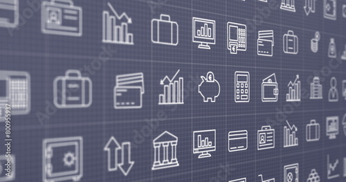 Image of business icons and data processing over grey background