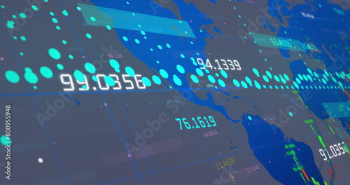 Image of financial data processing and world map over grey background