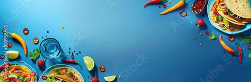 Cinco de Mayo holiday celebration banner. A vibrant and colorful background for an online store selling Mexican food products  featuring blue hues with scattered elements of tacos  tortillas  tequila 