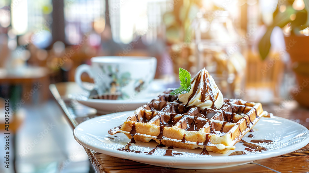 A delicious Belgian waffle with ice cream and chocolate lies on a plate on the summer terrace of a cafe