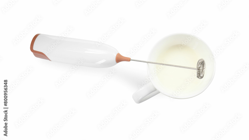 Milk frother wand and cup isolated on white, top view Milk frother wand and cup isolated on white, top view