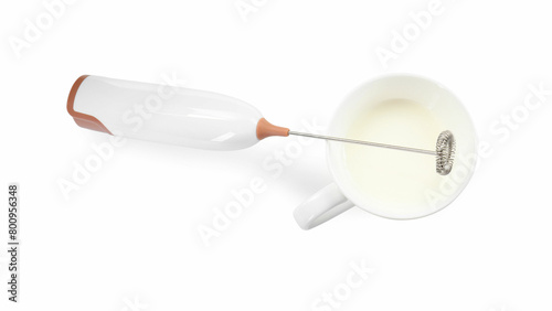 Milk frother wand and cup isolated on white, top view