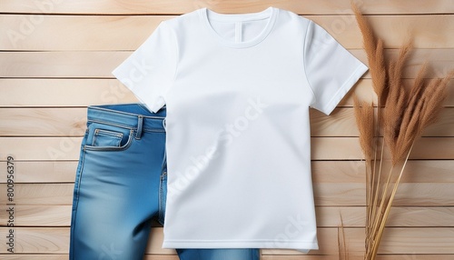 City Casual: White T-shirt Mockup with Blue Jeans on Wooden Surface