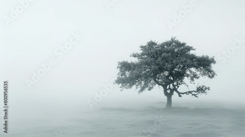 A lone tree standing tall in a misty morning fog  its branches reaching out towards the sky.