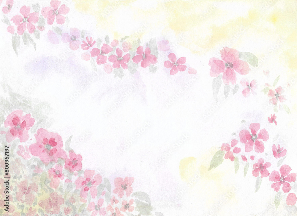 Watercolor painting nature background of pink or red flower and empty white on paper. Template for valentine or love concept, spring, card and poster. copy space for text. Hand painted texture style.