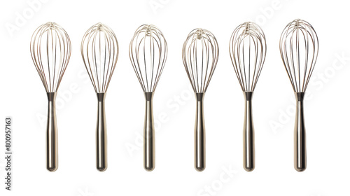 Six wire whisks neatly lined up in a row on transparent background