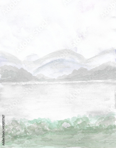 Watercolor painting nature background of sky with mountain, river and grass on paper. Landscape. illustration for environment or spring, summer and season concept. Hand painted texture style. vertical © Chitraporn