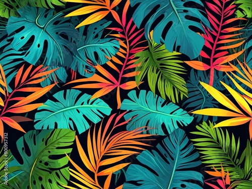 Abstract background with colorful tropical leaves.