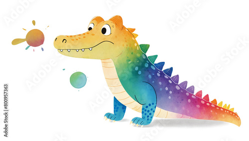 A friendly alligator in watercolor textures is depicted playing with cartoon-styled planets  evoking a sense of play and discovery