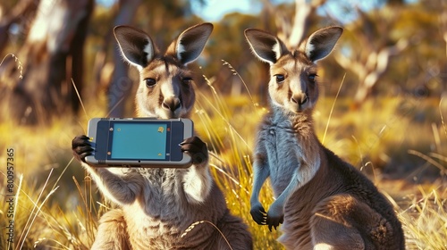 A kangaroo mother and joey playing a co-op adventure game on a portable console in their natural habitat.