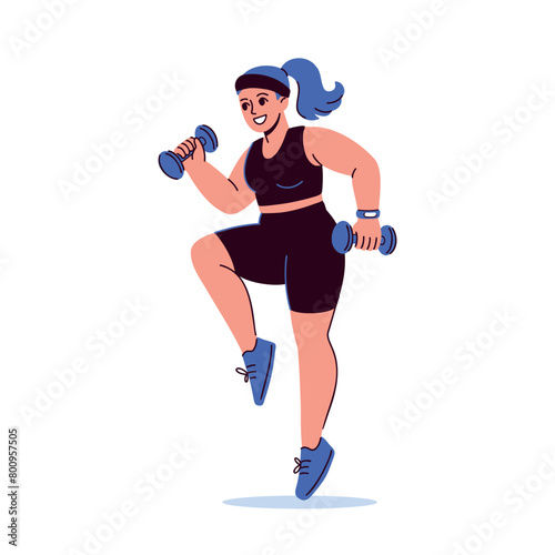 Flat vector illustration of a plus-size woman doing sport exercises with dumbbells. Cartoon female character working out. Fitness, active lifestyle, body positive concept. 