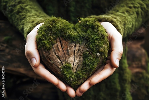 Highquality photo of hands forming a heart, carefully cradling a tree trunk adorned with moss, signifying ecoconsciousness photo