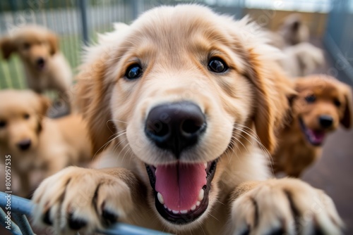 A playful golden retriever puppy eagerly greeting potential adopters at the animal shelter photo