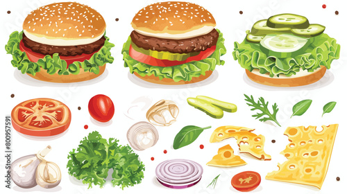 Tasty vegetarian burger and ingredients on white background