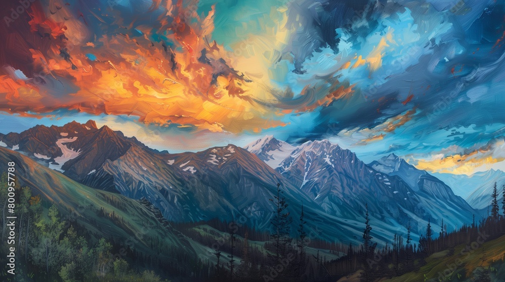 A hyper-realistic oil painting of a majestic mountain range under a dramatic evening sky.