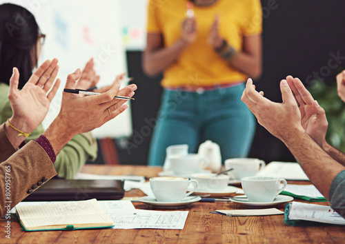 Business people, coach and applause with hands for meeting, congratulations or thank you at office. Closeup of group or employees clapping for presentation, seminar or team conference at workplace