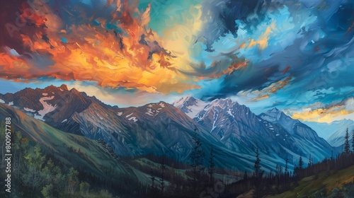 A hyper-realistic oil painting of a majestic mountain range under a dramatic evening sky.