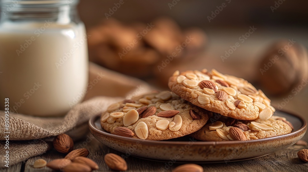 Glass of milk and almond cookies Glass of milk and almond cookies