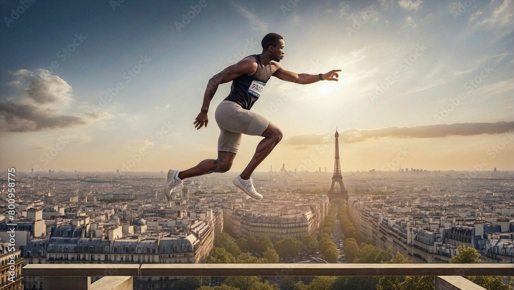 Paris Spring Running An athlete high jumping and running over the Paris skyline as concept ...