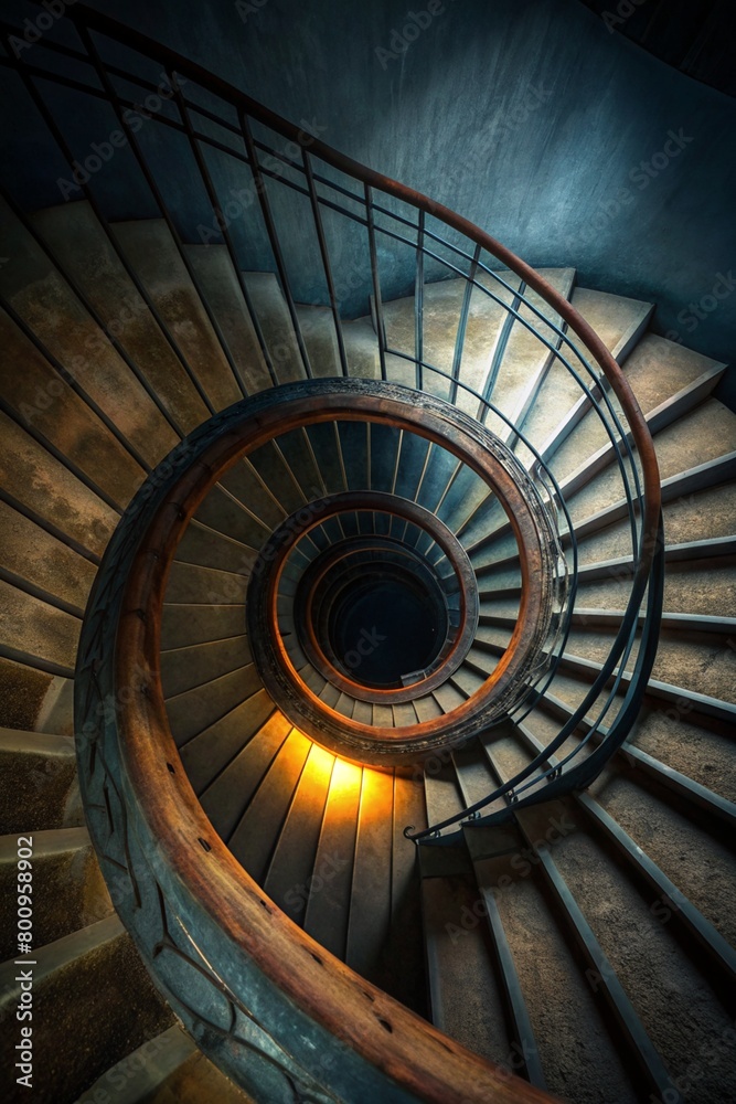 A spiral staircase leading into darkness	
