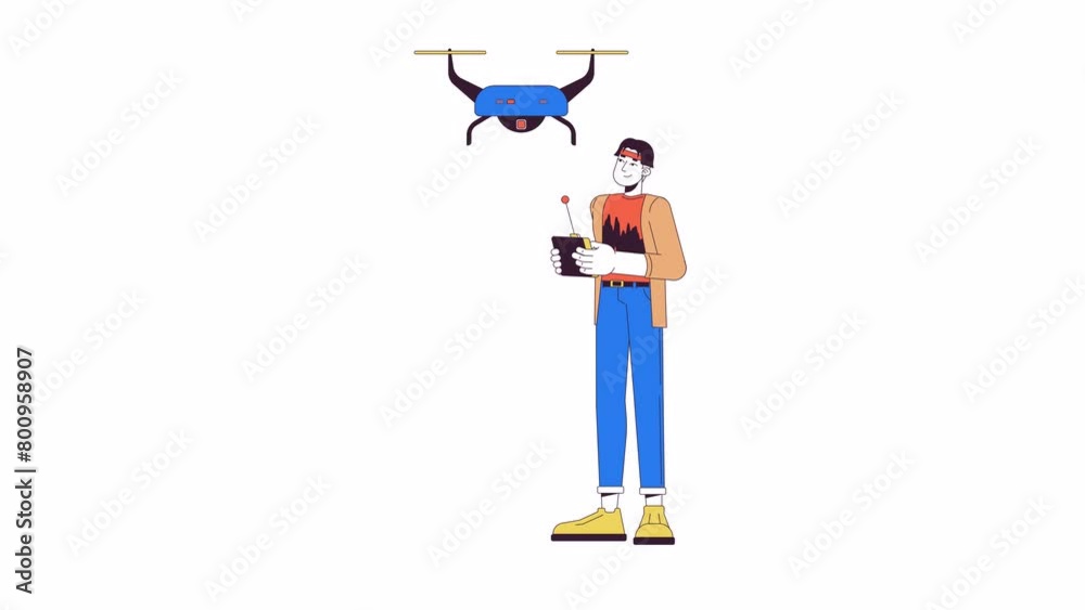 Asian man piloting quadcopter line 2D character animation. Capture aerial footage flat color cartoon 4K video, alpha channel. Korean guy holding remote controller animated person on white background