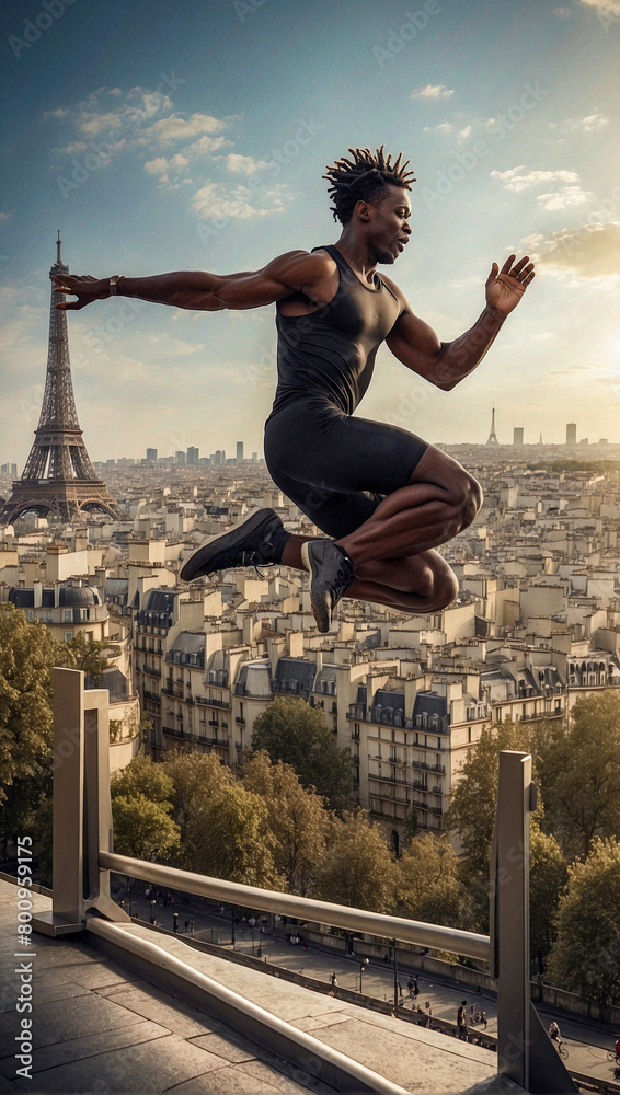An athlete high jumping and running over the Paris skyline as concept image for 2024 Paris summer olympics