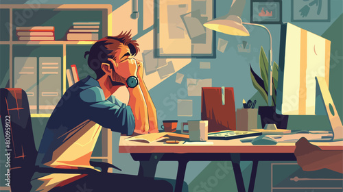 Tired young man working in office Vector style vector