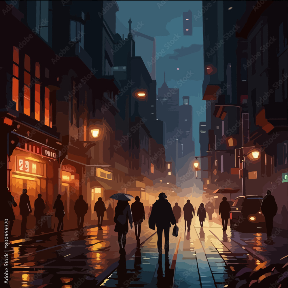 Evening street life. Walking around the city, young people strolling through the streets of the night city. Urban landscape with buildings, lights in windows, pedestrians. Urban landscape at night 
