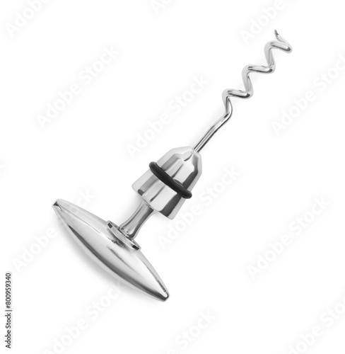 One metal corkscrew isolated on white, top view