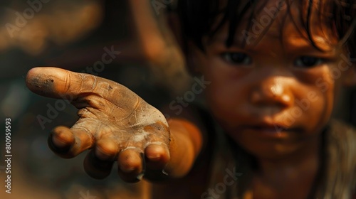 A close-up shot of a child's small hand, reaching out for help, evoking the vulnerability and despair of child laborers on World Day Against Child Labor.
