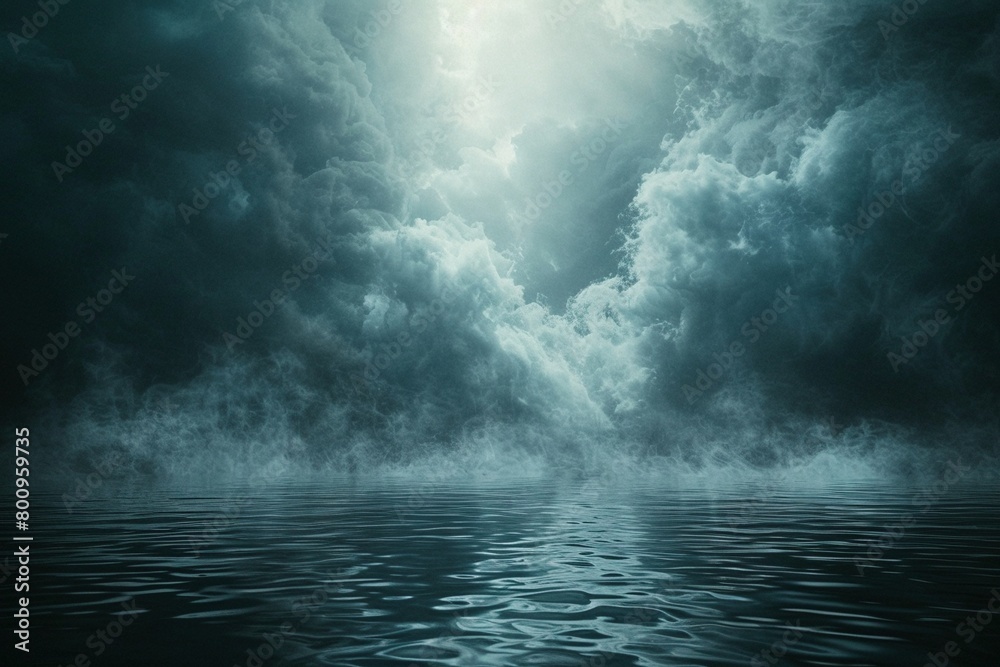Ethereal clouds and mist, resembling the divine spirit, hover above a dark, mysterious body of water.