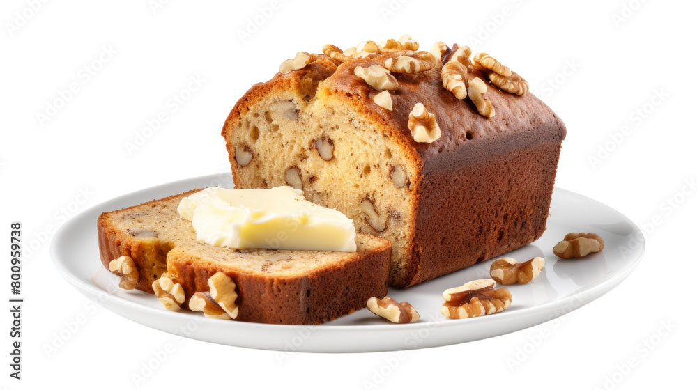 A loaf of bread topped with butter and nuts, sitting on a plate on transparent background