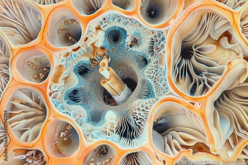 Microscopic Cross-Section of Mushroom Cap with Gills and Spores 