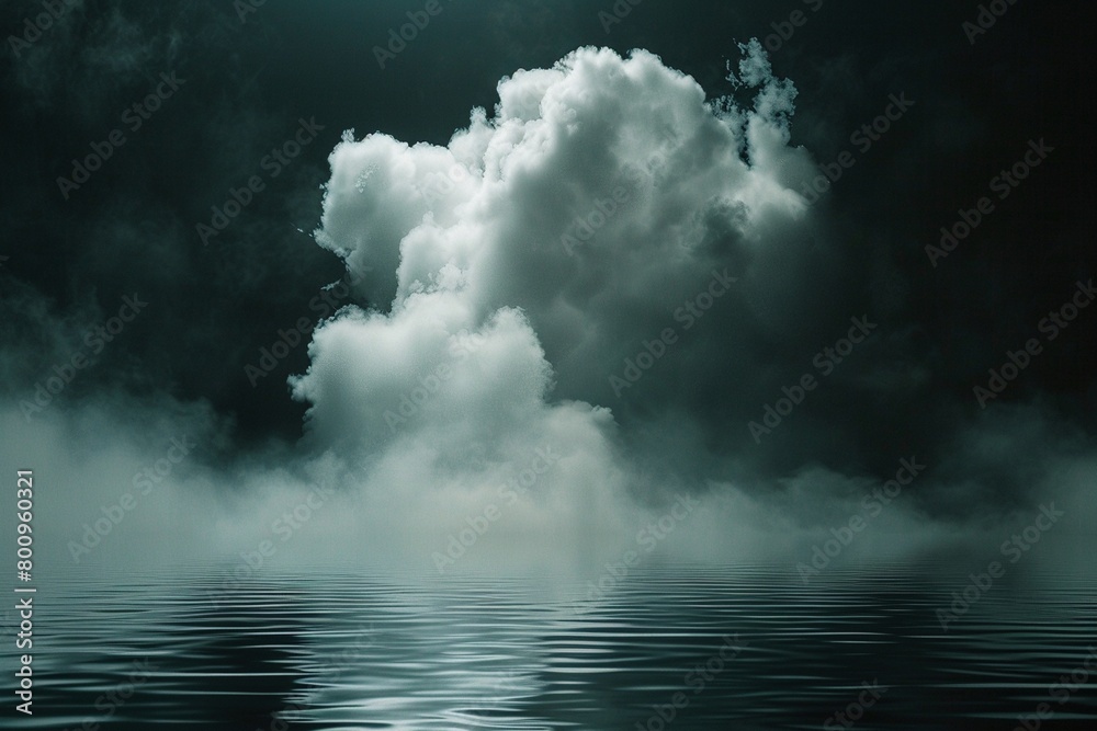 Ethereal clouds and mist, resembling the divine presence, hover above dark, still water. (Black and white)