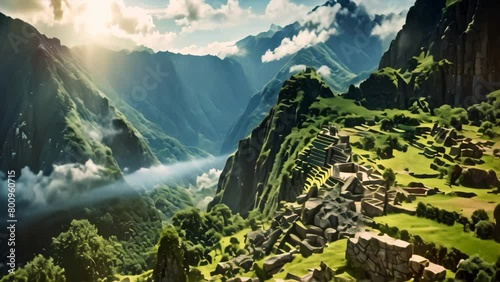 Immerse yourself in the awe-inspiring sight of the Machaca Pico ruins framed by breathtaking mountains, View from the top of Machu Picchu, Peru photo