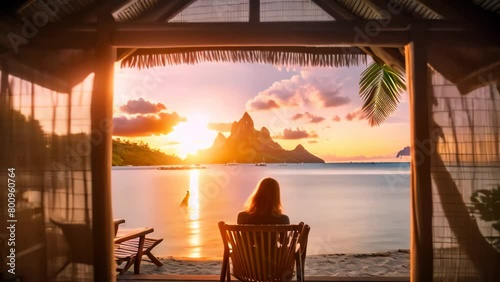 A woman serenely sits in a chair, her eyes fixed on the mesmerizing expanse of the ocean beyond, Watching the sunset from a beach cabana in Bora Bora photo