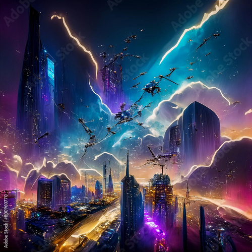 Futuristic city with purple and pink gradient sky background, Dreamscapes: Exploring Tomorrow's Cities under Pink & Purple Skies, FutureScape Chronicles: Urban Marvels Beneath Gradient Horizons