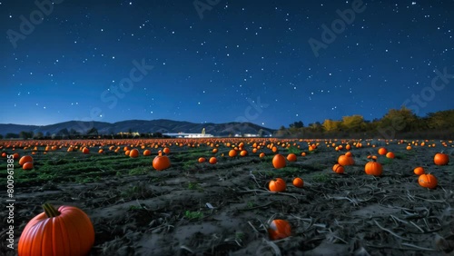 Field of Pumpkins Under a Night Sky, Bountiful Harvest in a Moonlit Landscape, A brightly lit pumpkin patch under a starry night sky photo
