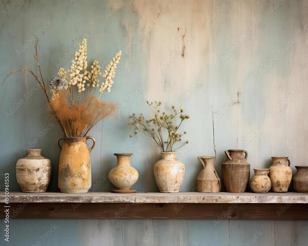 Handmade pottery and dried flowers on a weathered wood shelf, copy space below