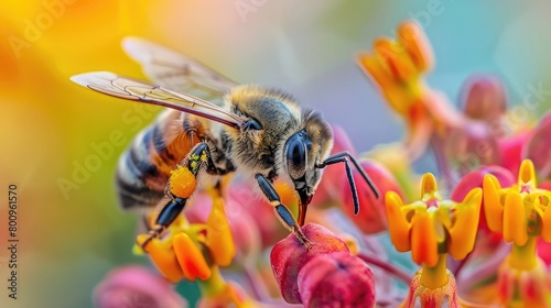 A close-up shot of a delicate pollinator collecting nectar from a colorful flower, highlighting the essential role of biodiversity in sustaining 