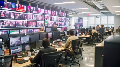 A dynamic group of individuals concentrated on their work as they sit at desks with monitors in front of them, A bustling newsroom office with screens showing different news channels photo