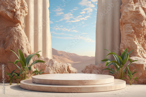 Podium platform in desert background. Stouns, sand and green leaves